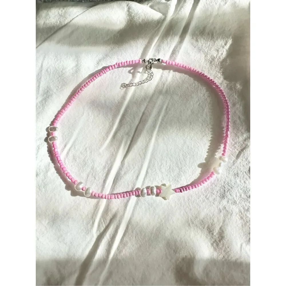 Light pink beaded star sea shell and pearl beach necklace